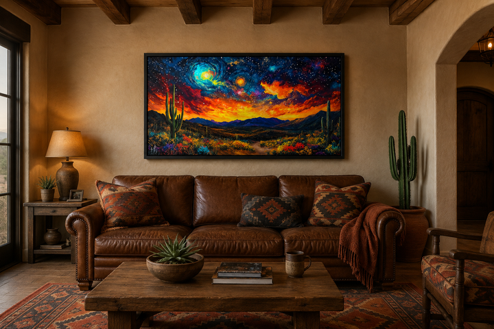 Starry sky over desert framed canvas wall art in a Southwestern living room above a leather sofa.