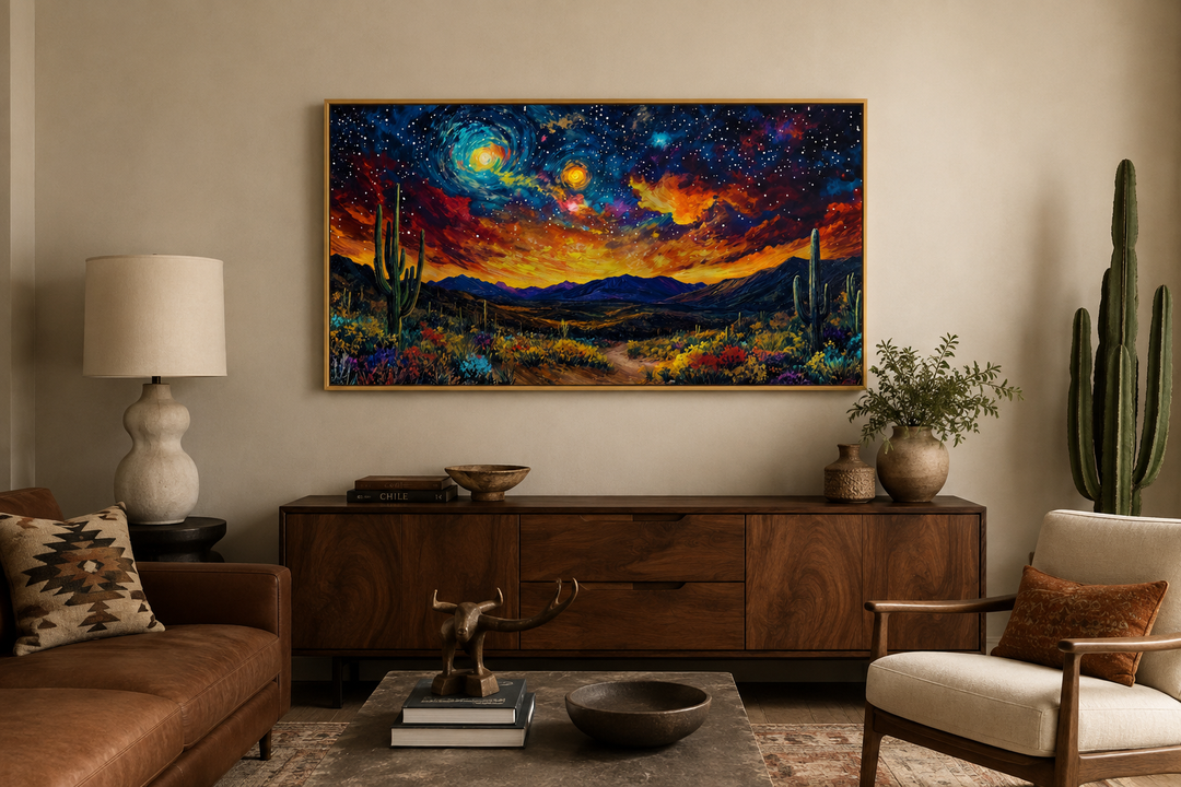 Starry sky over desert framed canvas wall art in a Southwestern-style living room.