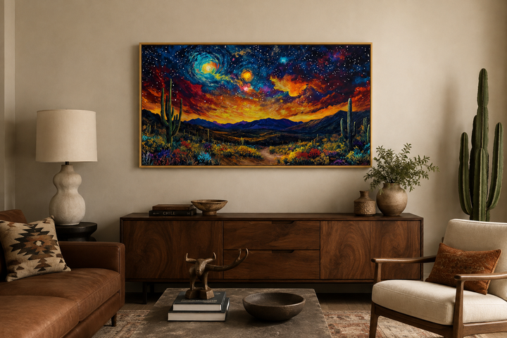 Starry sky over desert framed canvas wall art in a Southwestern-style living room.