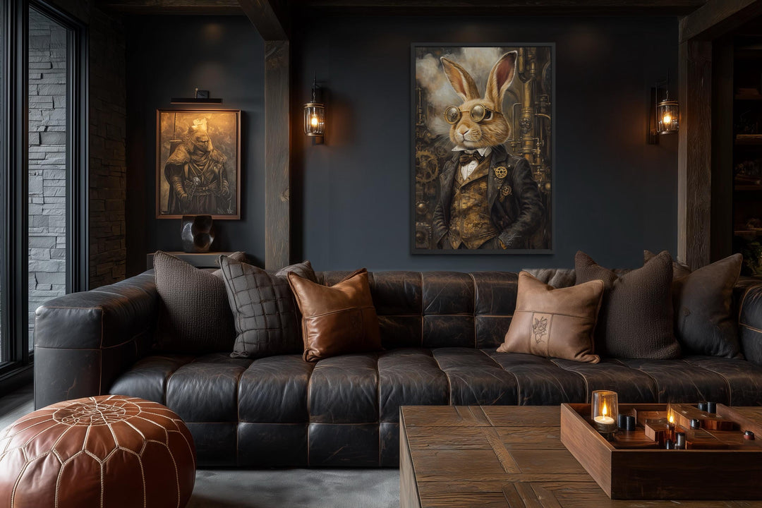 Steampunk Bunny Wall Art - Vintage Rabbit Canvas Print in Floating Frame - Decor for Men