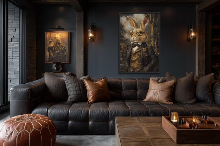 Steampunk Bunny Wall Art - Vintage Rabbit Canvas Print in Floating Frame - Decor for Men