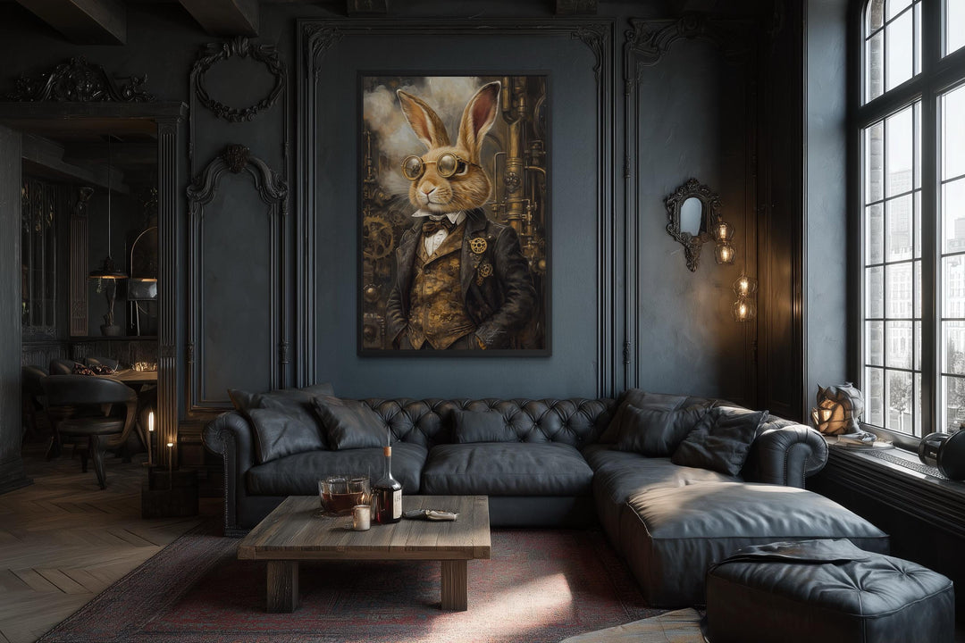 Steampunk Bunny Wall Art - Vintage Rabbit Canvas Print in Floating Frame - Decor for Men