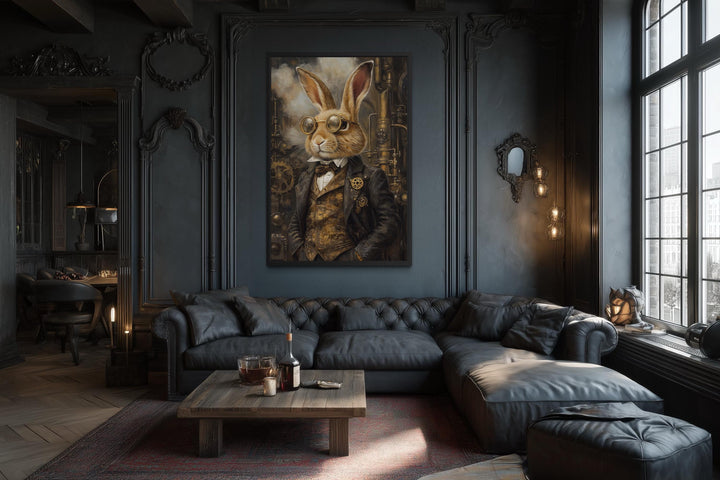 Steampunk Bunny Wall Art - Vintage Rabbit Canvas Print in Floating Frame - Decor for Men