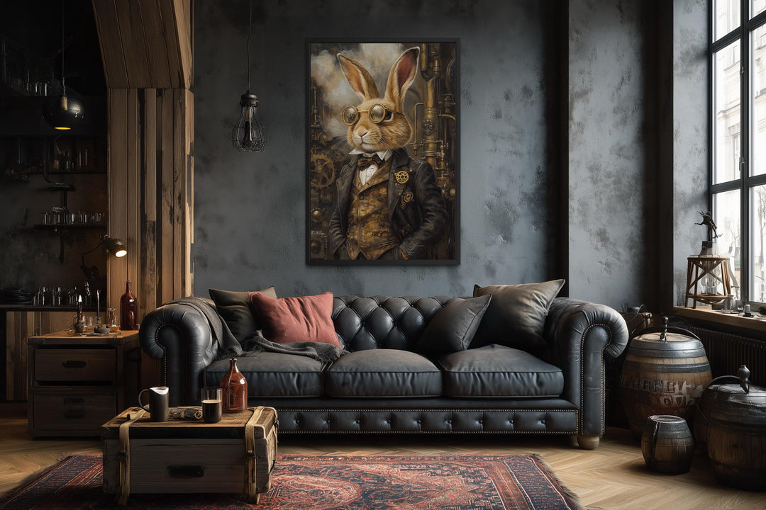 Steampunk Bunny Wall Art - Vintage Rabbit Canvas Print in Floating Frame - Decor for Men