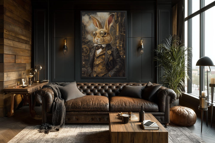 Steampunk Bunny Wall Art - Vintage Rabbit Canvas Print in Floating Frame - Decor for Men