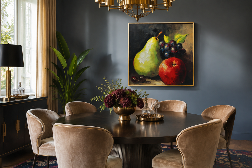 Still life vintage fruit painting on a dark wall in a dining room with a round table and chairs.
