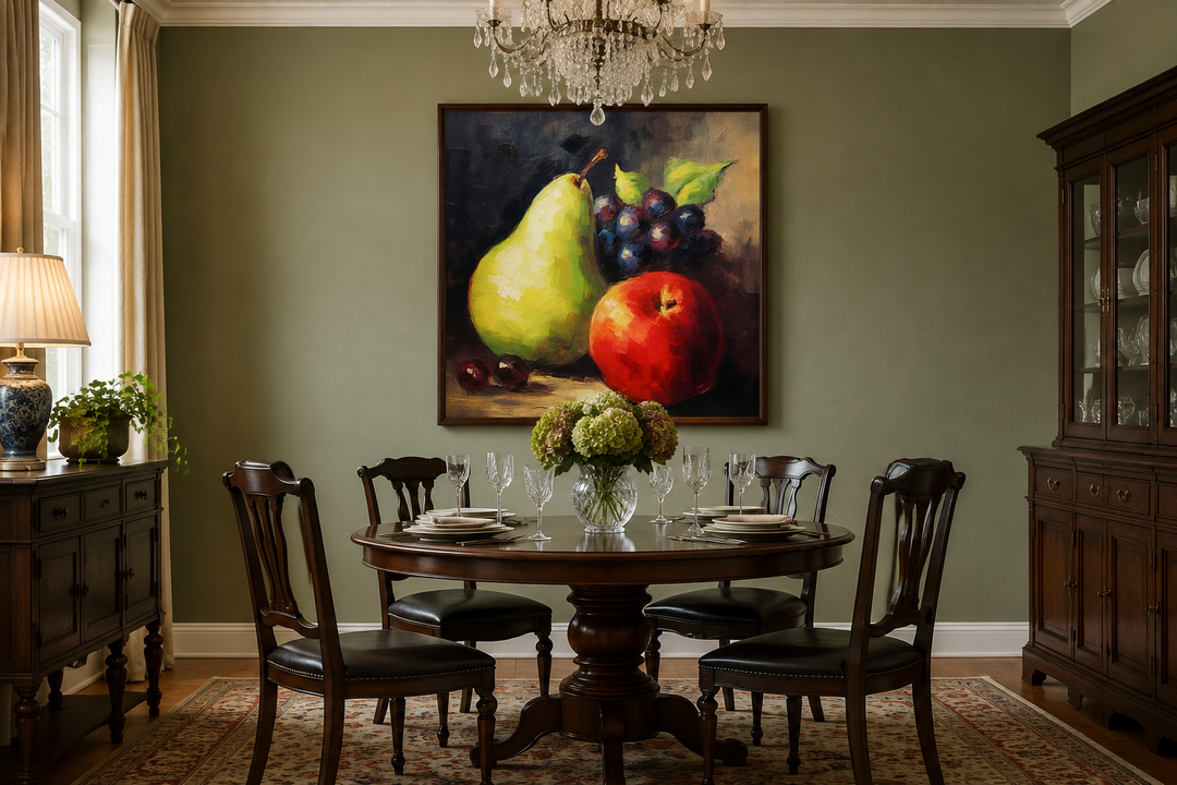 Still life vintage fruit painting on canvas with a pear, apple, and grapes in a dark wood frame.