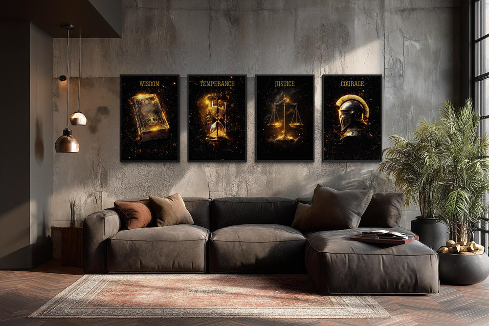 Four vertical canvases of Stoic virtues in gold on black, hung above a modern brown sectional sofa.