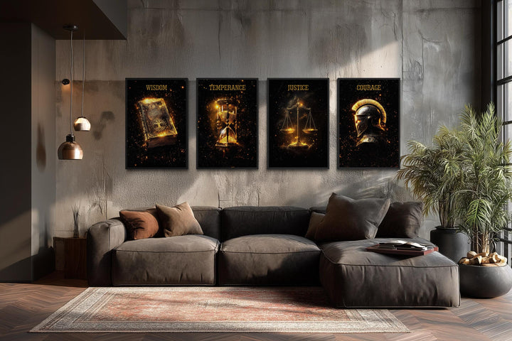 Four vertical canvases of Stoic virtues in gold on black, hung above a modern brown sectional sofa.
