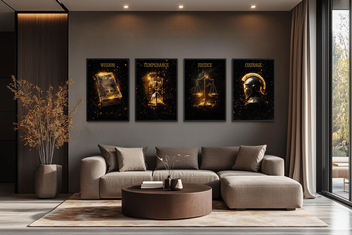 Four vertical canvases featuring gold stoic virtues on black backgrounds above a modern sofa.