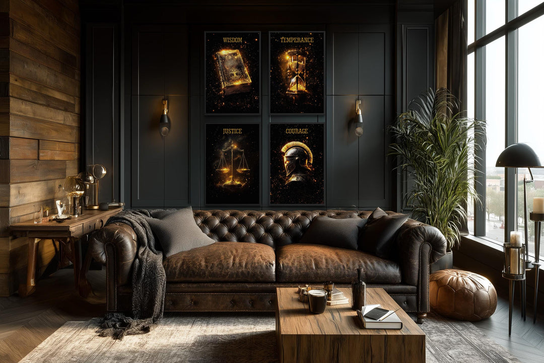 Four-piece gold and black canvas art set of Stoic virtues displayed in a dark, modern office.