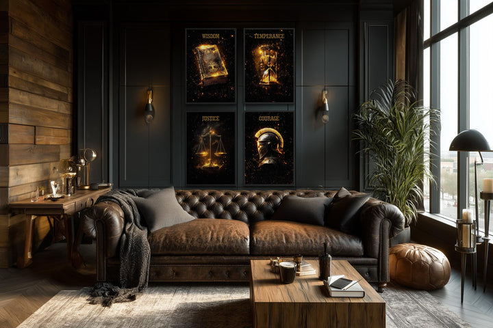 Four-piece gold and black canvas art set of Stoic virtues displayed in a dark, modern office.