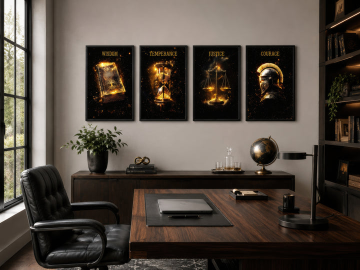 Set of four black and gold canvas prints featuring Wisdom, Temperance, Justice, and Courage icons.