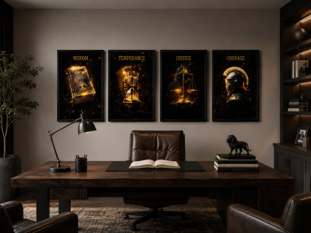 Set of four framed gold and black canvas prints featuring Stoic virtues in a dark wood office.