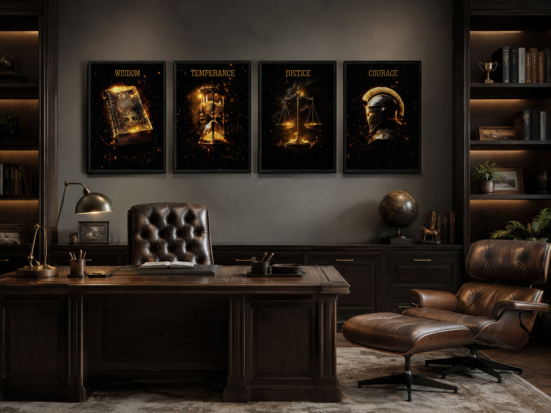 Set of 4 gold and black canvas prints of Stoic virtues Wisdom, Temperance, Justice, and Courage.