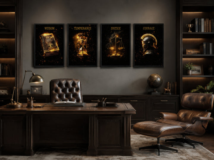 Set of 4 gold and black canvas prints of Stoic virtues Wisdom, Temperance, Justice, and Courage.