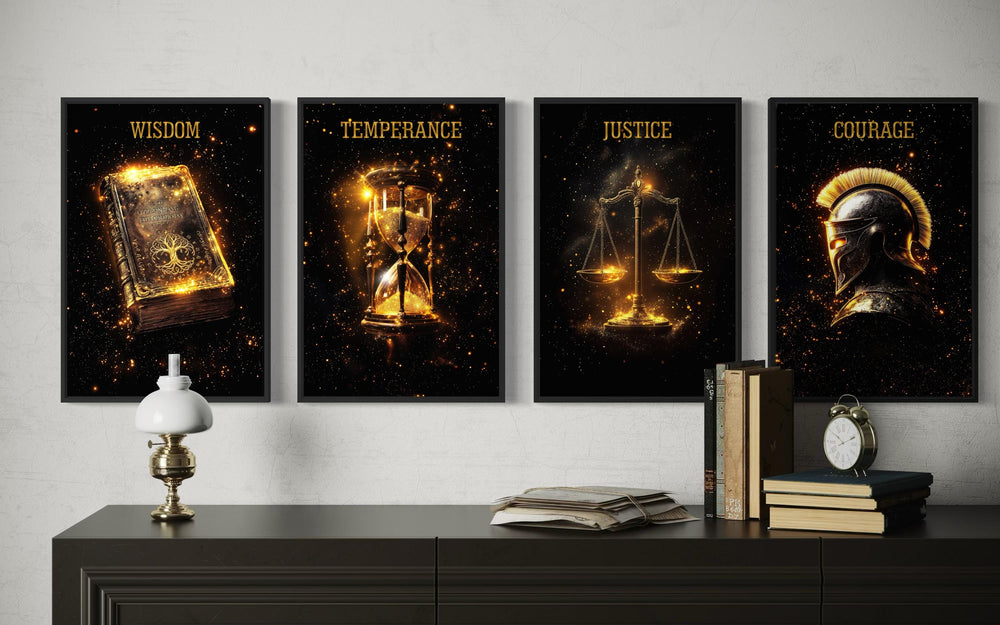 Four-panel canvas set of Stoic virtues: Wisdom, Temperance, Justice, and Courage in glowing gold.