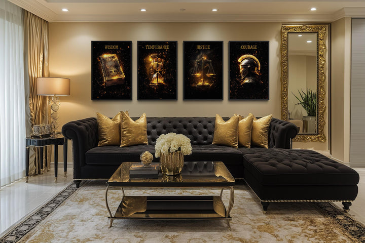 Four-panel gold and black canvas set of Stoic virtues: Wisdom, Temperance, Justice, and Courage.