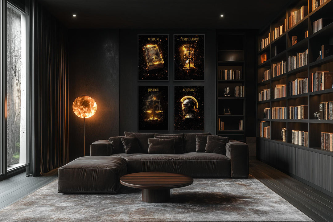 Four-panel Stoic Cardinal Virtues canvas set in a dark modern office with Wisdom, Justice, and more.