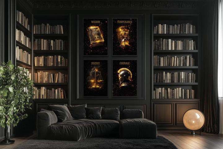 Four-panel canvas set of Stoic virtues in gold on black, displayed in a dark, modern library.