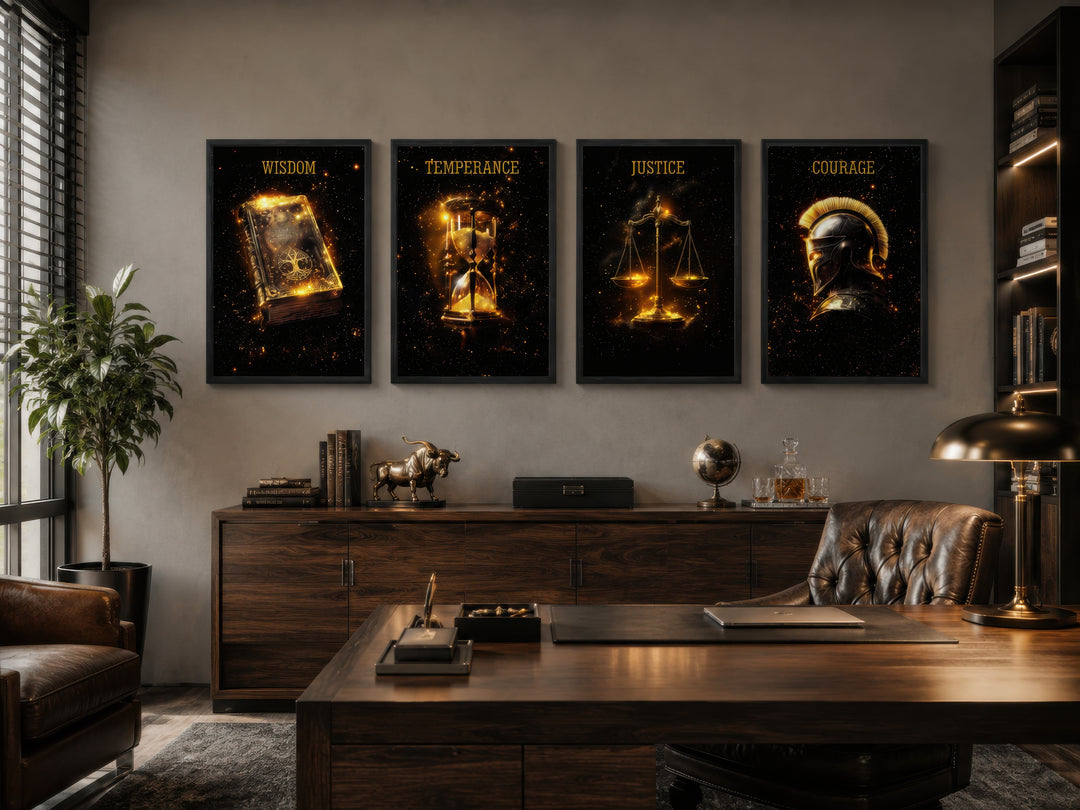 Set of 4 gold-on-black canvas prints of Stoic virtues: Wisdom, Temperance, Justice, and Courage.