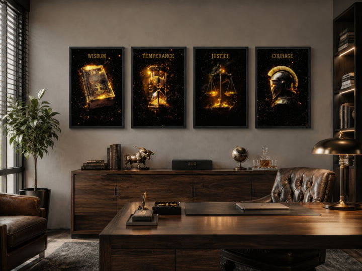 Set of 4 gold-on-black canvas prints of Stoic virtues: Wisdom, Temperance, Justice, and Courage.