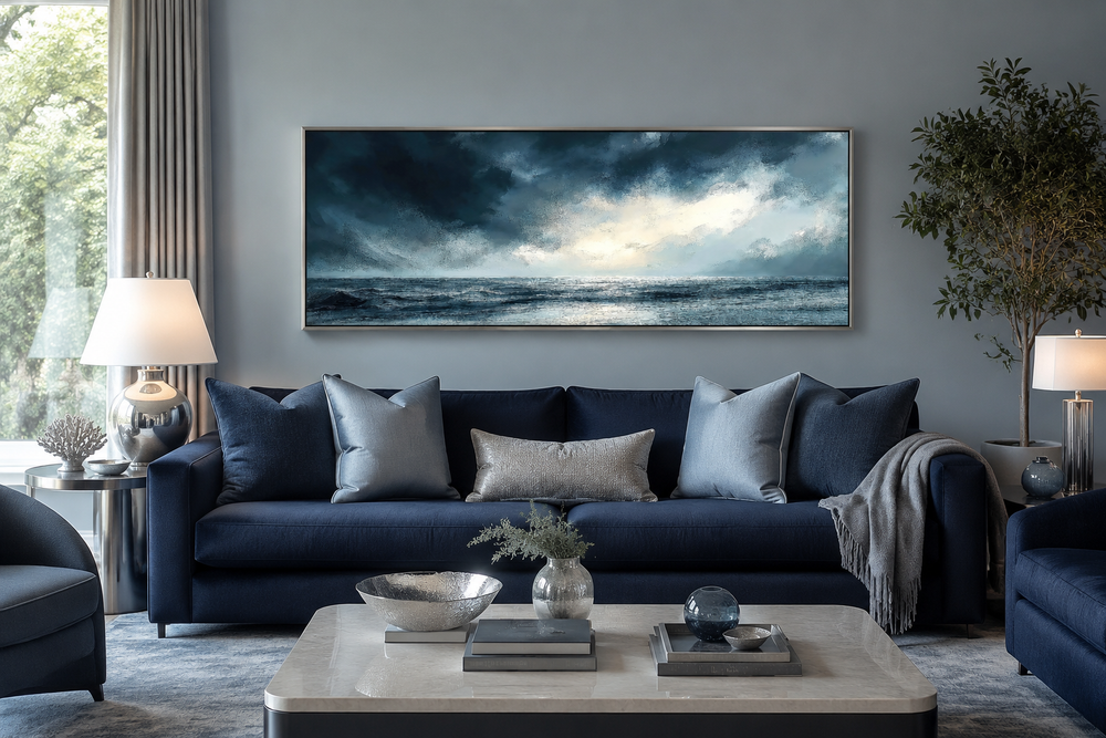Stormy horizon over the ocean panoramic canvas wall art displayed above a navy blue sofa.