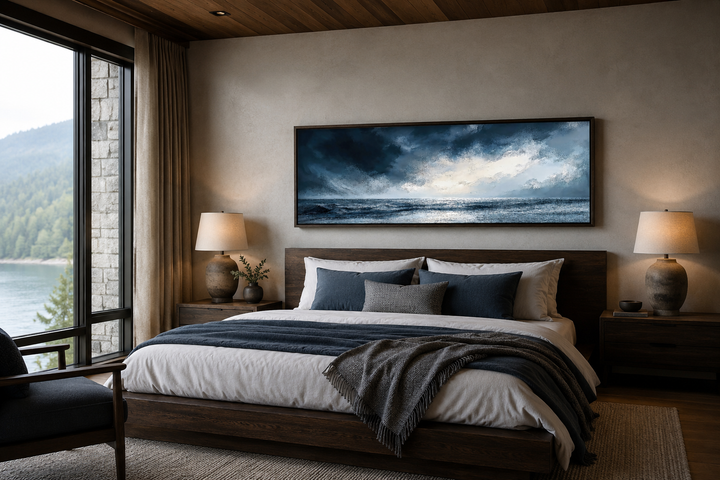 Stormy horizon over the ocean panoramic canvas wall art hanging above a dark wood bed frame.