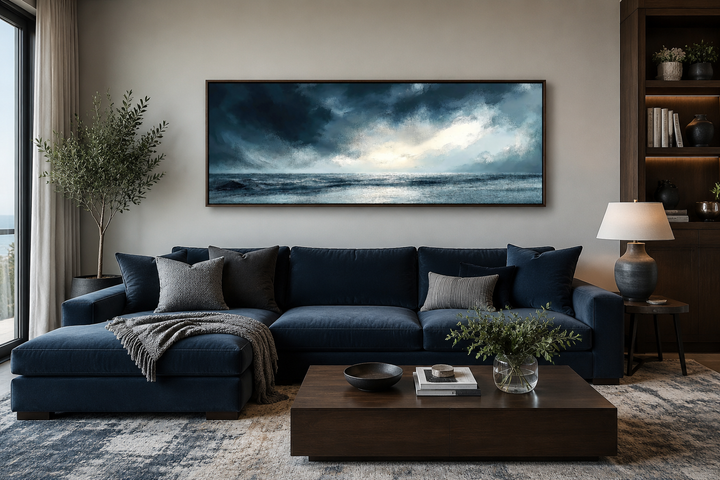 Stormy horizon over the ocean panoramic canvas wall art above a navy blue sectional sofa.