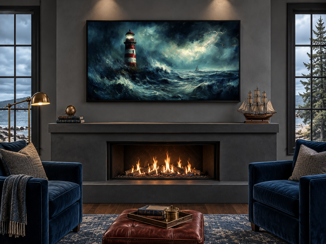Lighthouse in stormy ocean waves wall art displayed above a fireplace in a moody living room.