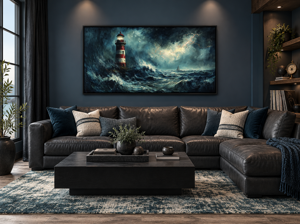 Wide canvas wall art of a lighthouse in a stormy ocean with crashing waves above a leather sofa.