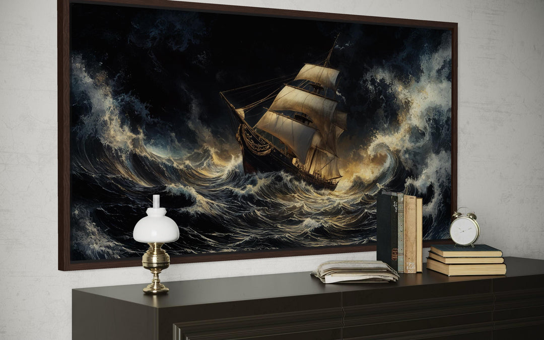A framed canvas print of a majestic sailing ship navigating dramatic, stormy ocean waves.
