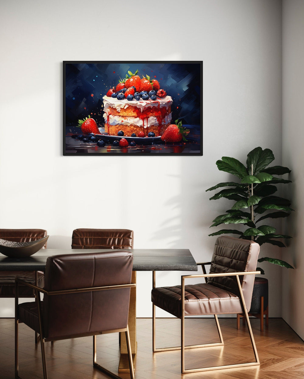 Strawberry Cake Framed Canvas Wall Art in dining room