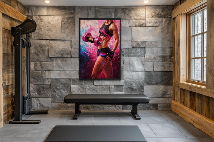A framed canvas print of a muscular woman lifting a dumbbell hangs in a modern stone-walled gym.