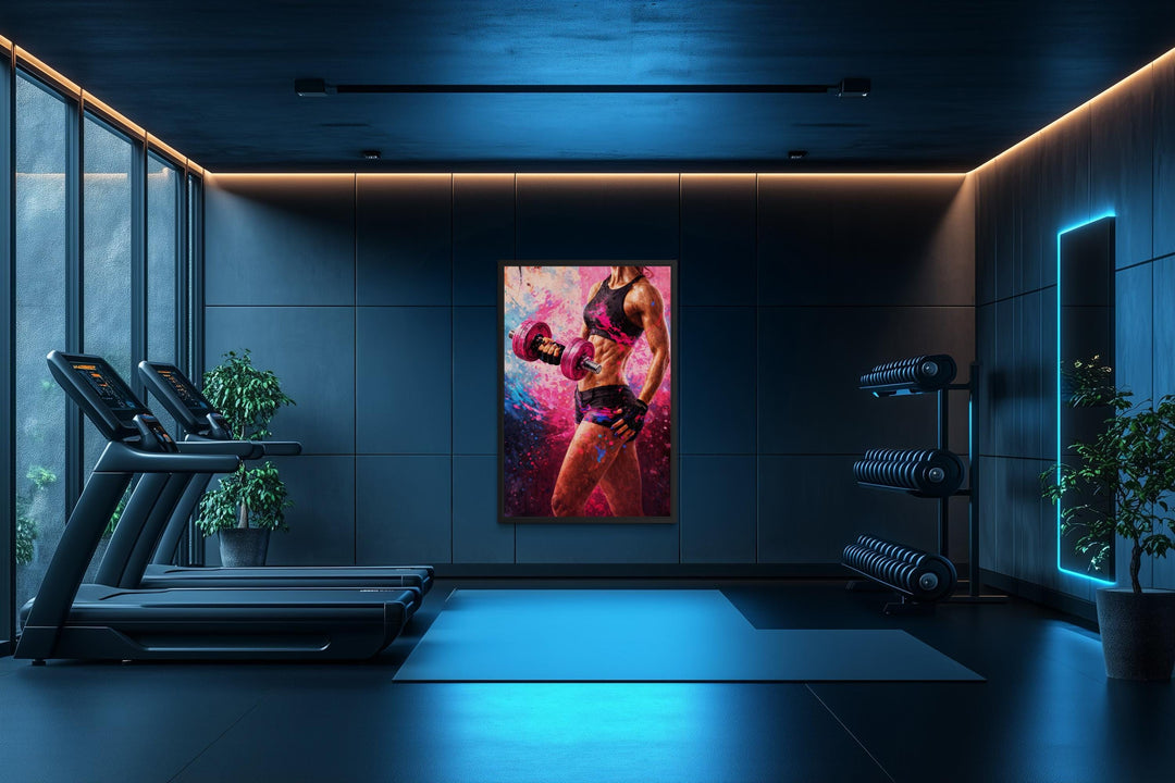 A motivational gym canvas featuring a strong woman lifting a dumbbell in a modern home gym.