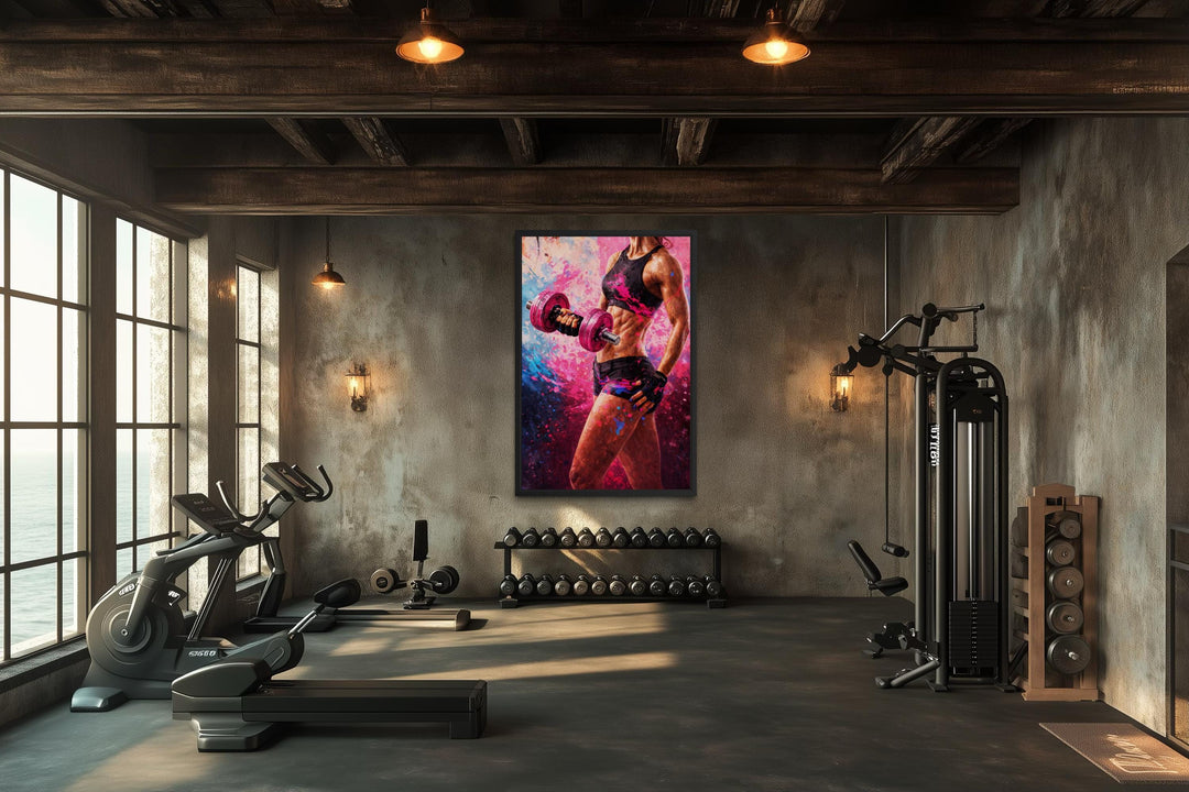 A motivational gym canvas featuring a strong woman lifting a dumbbell in a rustic home gym.