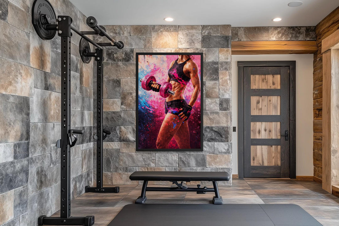 A framed canvas print of a muscular woman lifting a dumbbell hangs in a modern home gym.