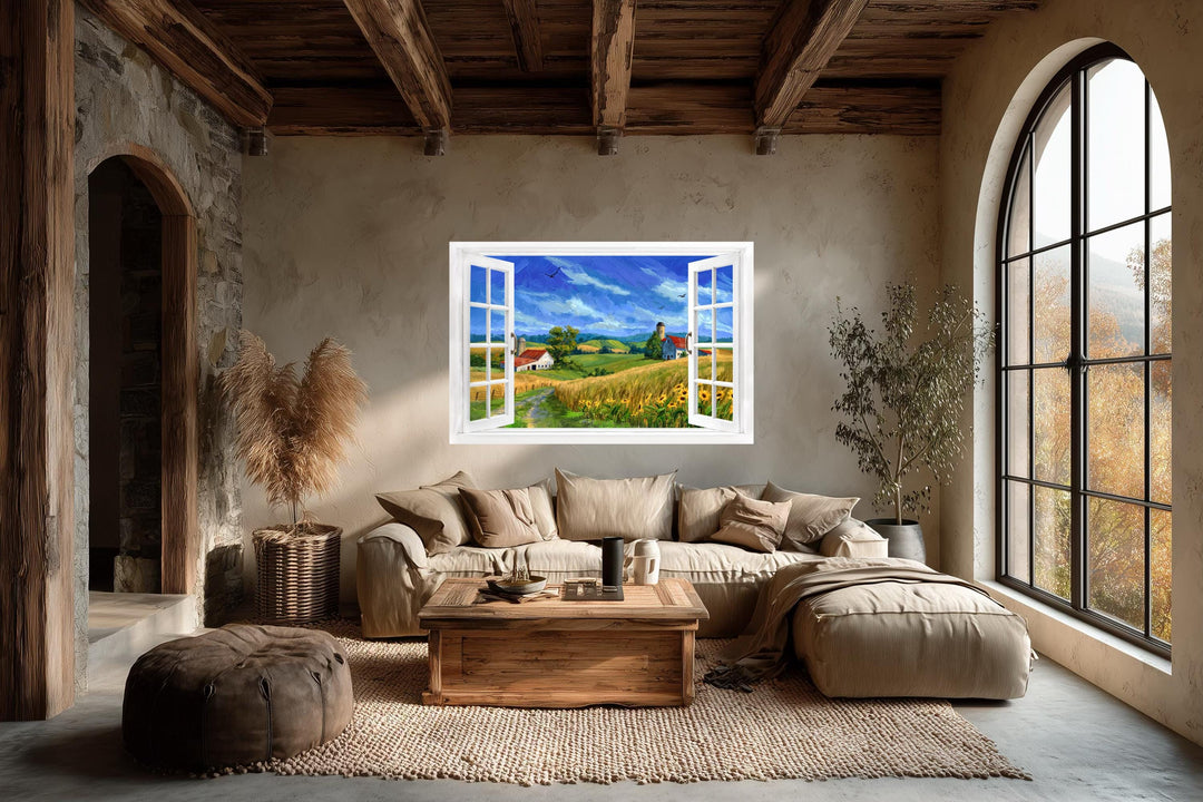 Summer farm landscape window view canvas wall art displayed above a sofa in a rustic living room.