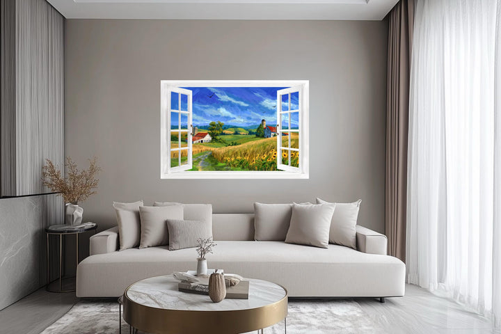 Summer farm landscape window view canvas wall art displayed above a modern sofa in a living room.