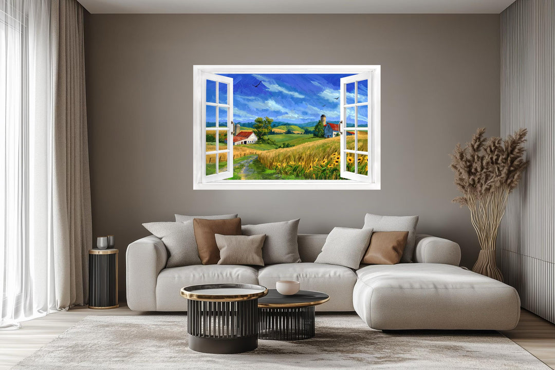 Summer farm landscape window view canvas wall art displayed above a modern sofa in a living room.