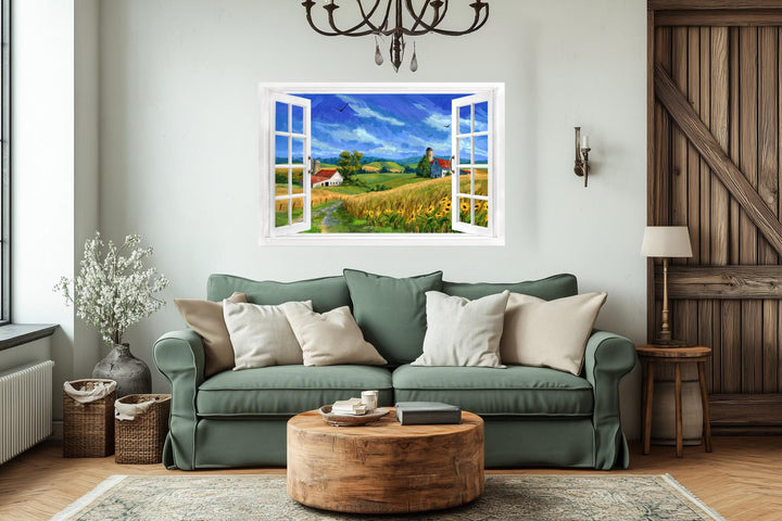 Summer farm landscape window view canvas wall art hanging above a green sofa in a living room.