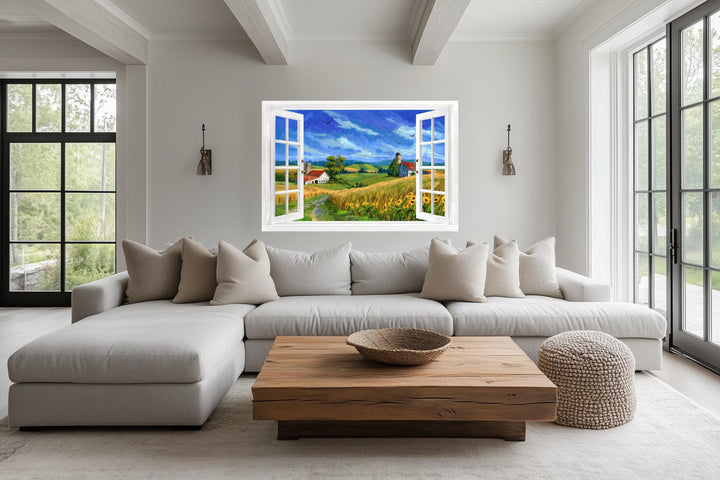Summer farm landscape window view canvas wall art displayed above a sofa in a modern living room.