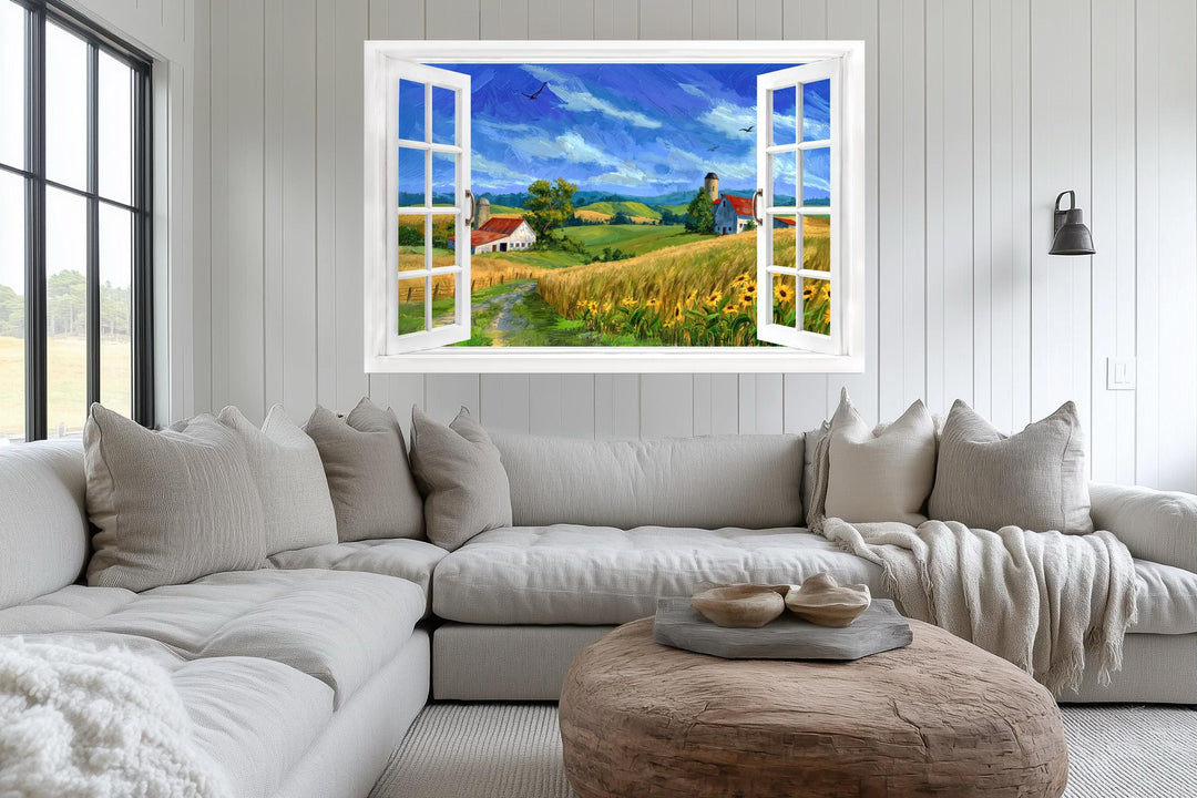 Summer farm landscape window view canvas wall art displayed above a modern sectional sofa.