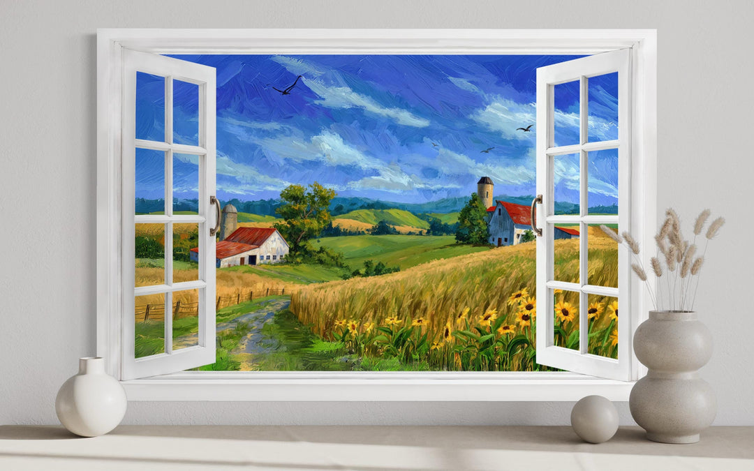 Summer farm landscape window view canvas wall art featuring a golden wheat field and red barn.