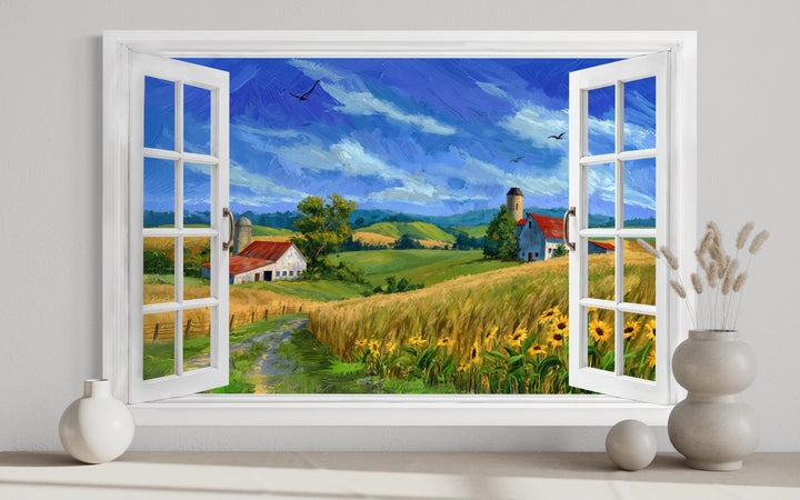 Summer farm landscape window view canvas wall art featuring a golden wheat field and red barn.