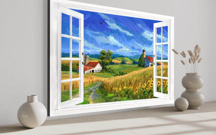 Summer farm landscape window view canvas wall art with a golden wheat field and red barn.