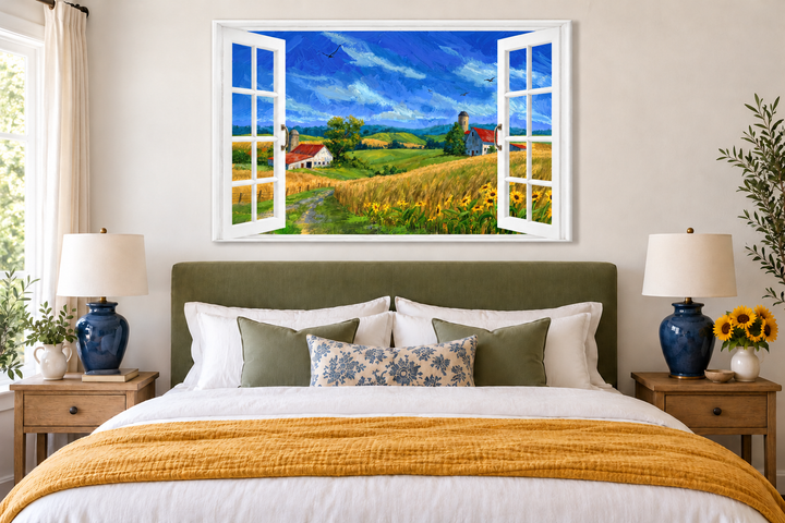 Summer Farm Landscape Window View Canvas Wall Art