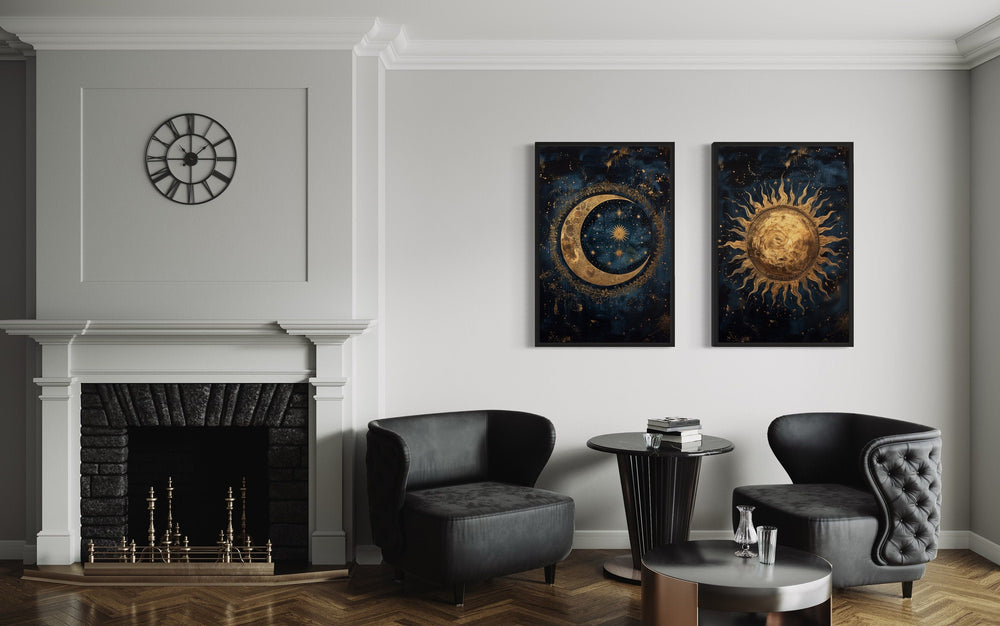 Sun And Moon Set Of 2 Navy Blue Gold Framed Canvas Wall Art in the office