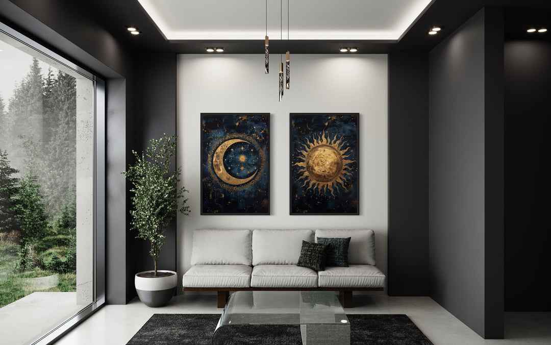 Sun And Moon Set Of 2 Navy Blue Gold Framed Canvas Wall Art