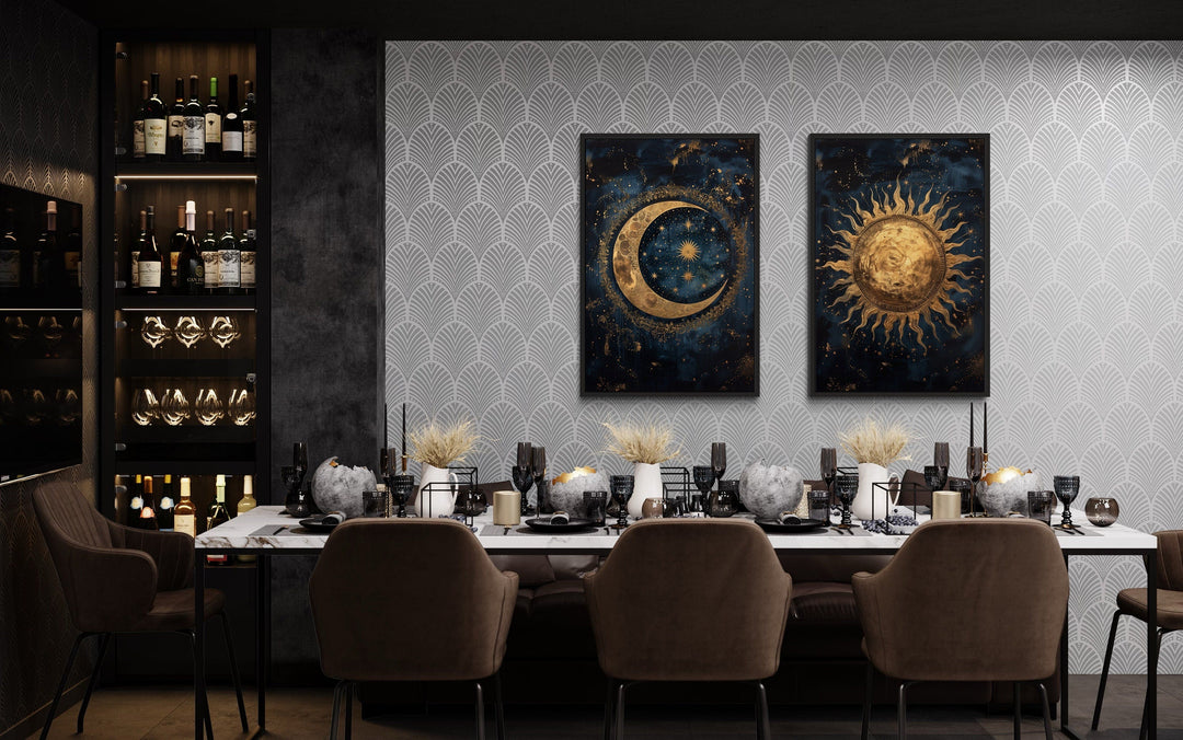 Sun And Moon Set Of 2 Navy Blue Gold Framed Canvas Wall Art